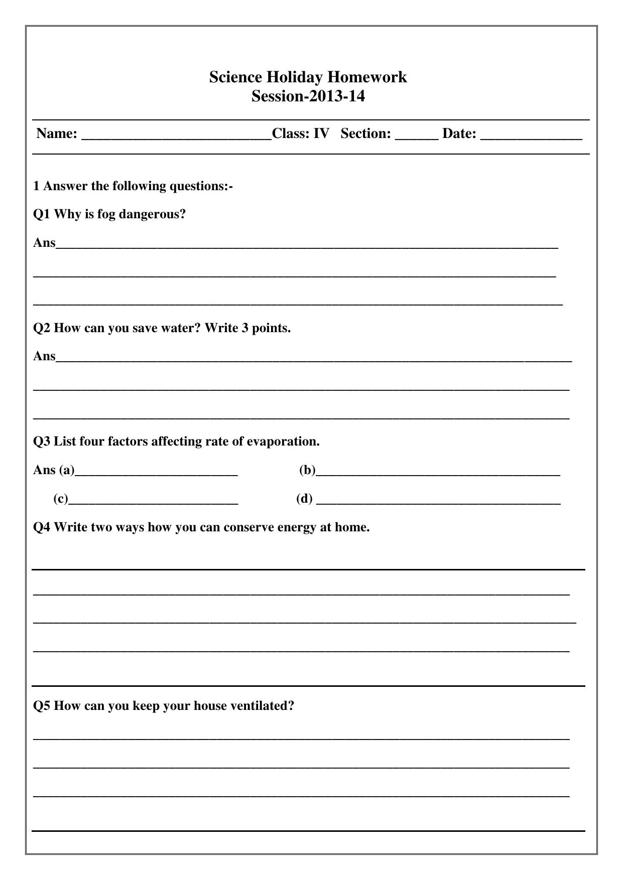 Worksheet for Class 4 Science Assignment 9 - Page 1