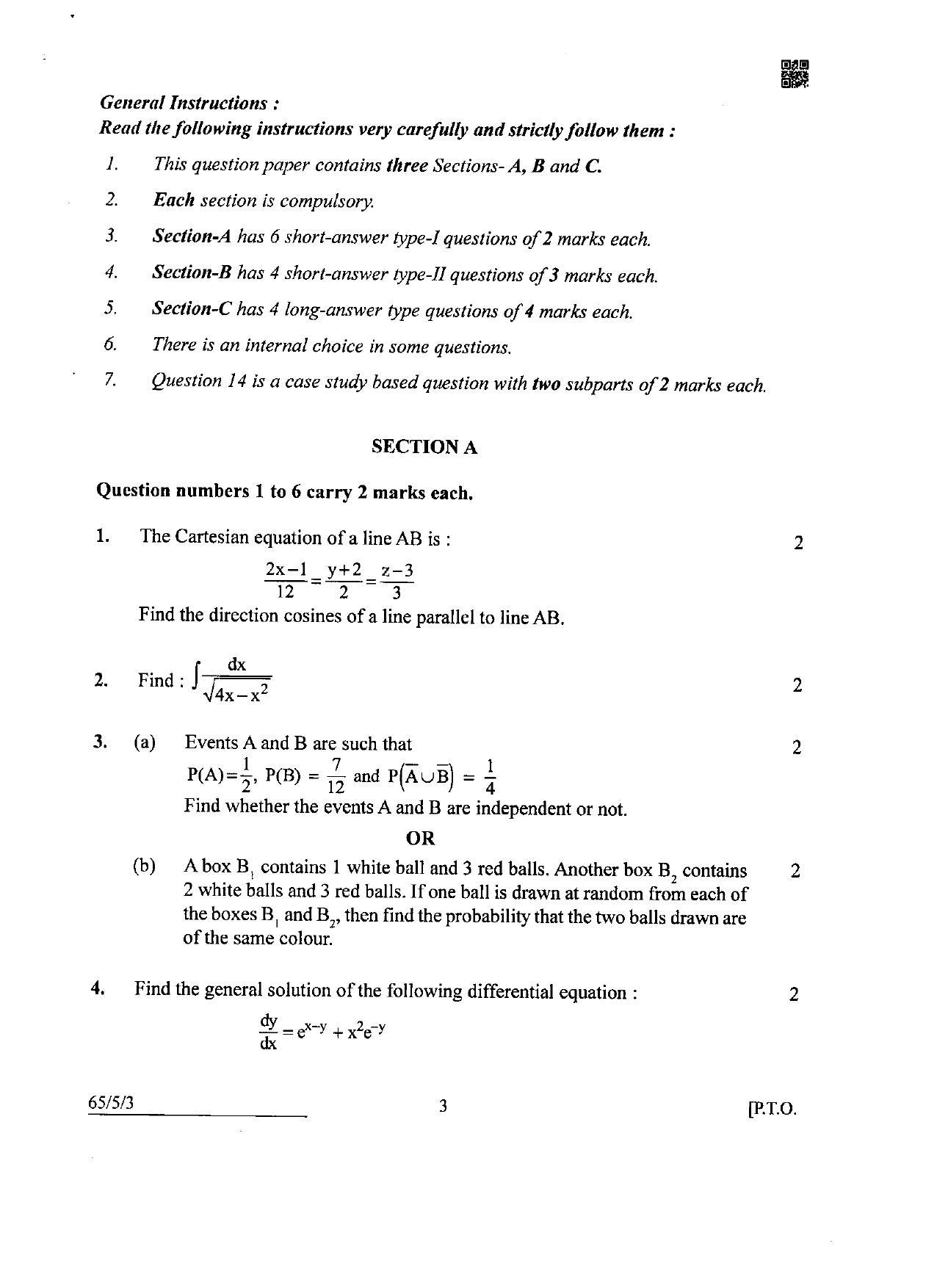 CBSE Class 12 65-5-3 Mathematics 2022 Question Paper - Page 3