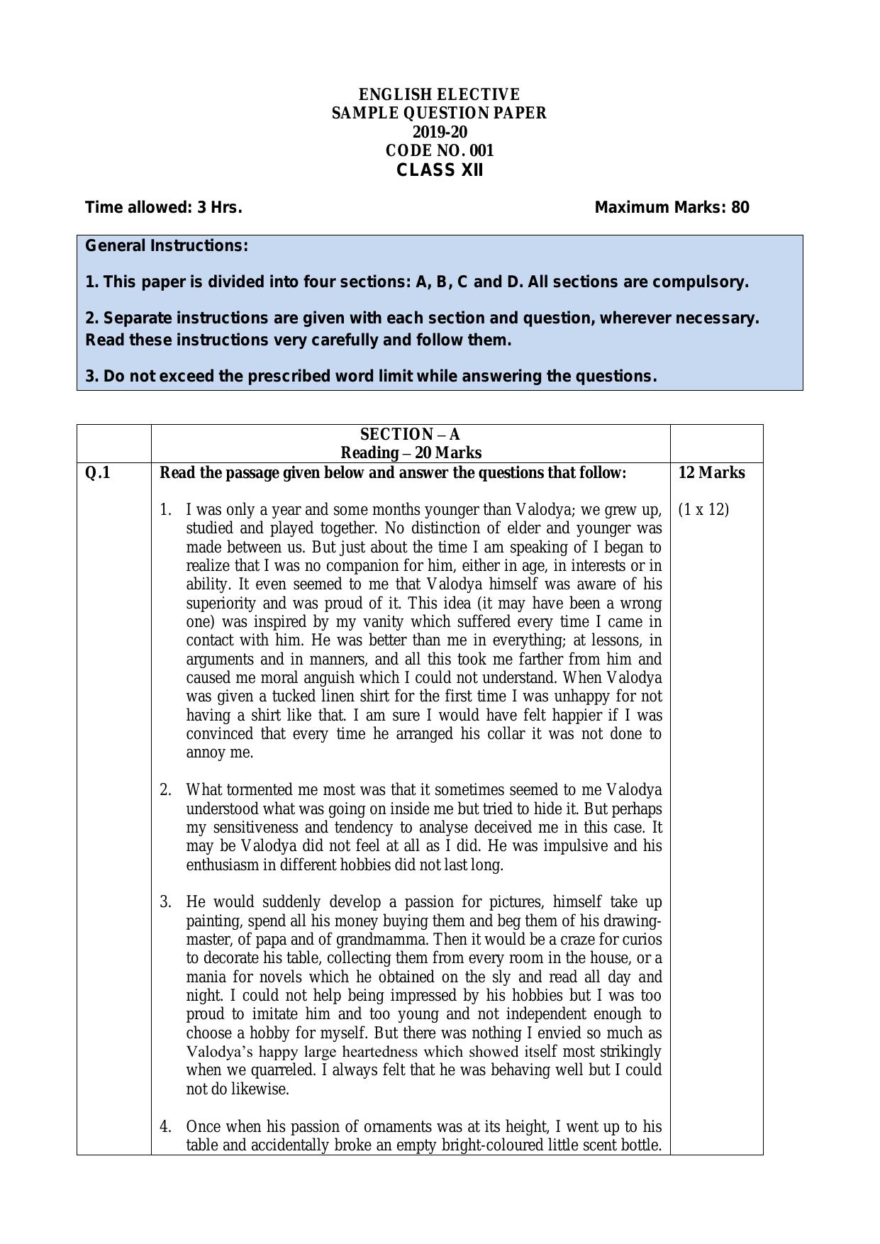 CBSE Class 12 English Elective Skill Education-Sample Paper 2019-20 - Page 1