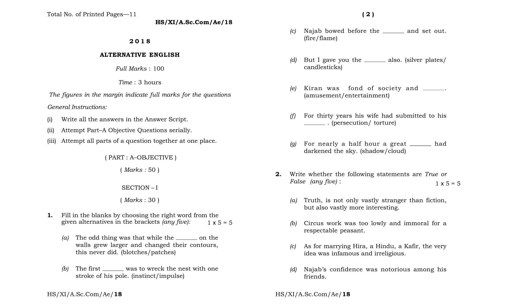 Meghalaya Board (MBOSE) Class 11 Alternative_English 2018 Question Paper - Page 1