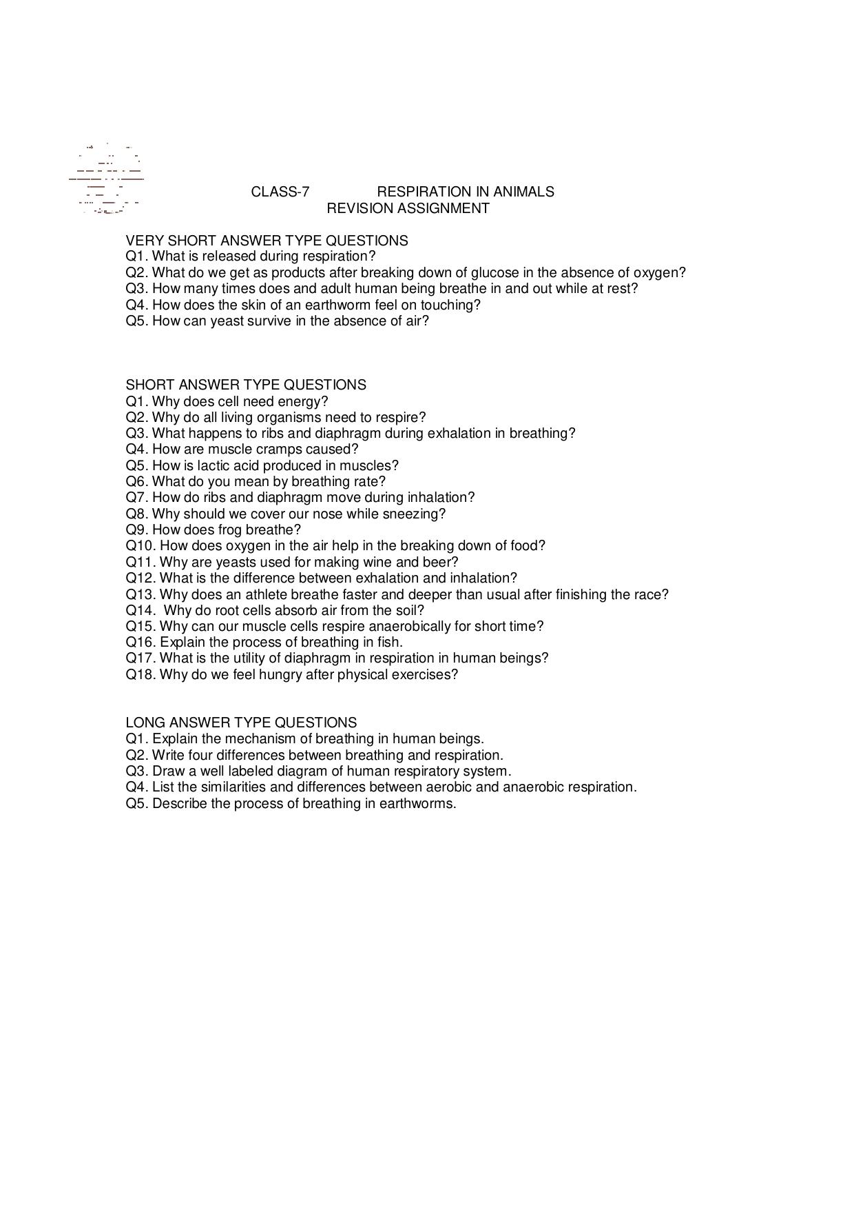 CBSE Worksheets for Class 7 Science Respiration In Animals Assignment - Page 1