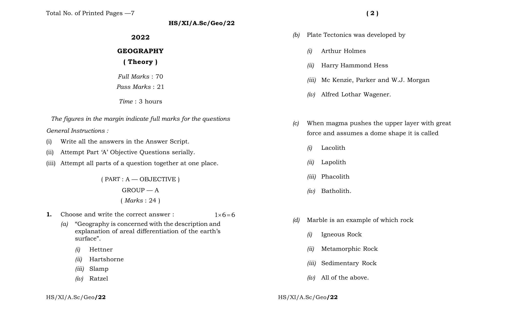 Meghalaya Board (MBOSE) Class 11 Geography (theory) 2022 Question Paper - Page 1