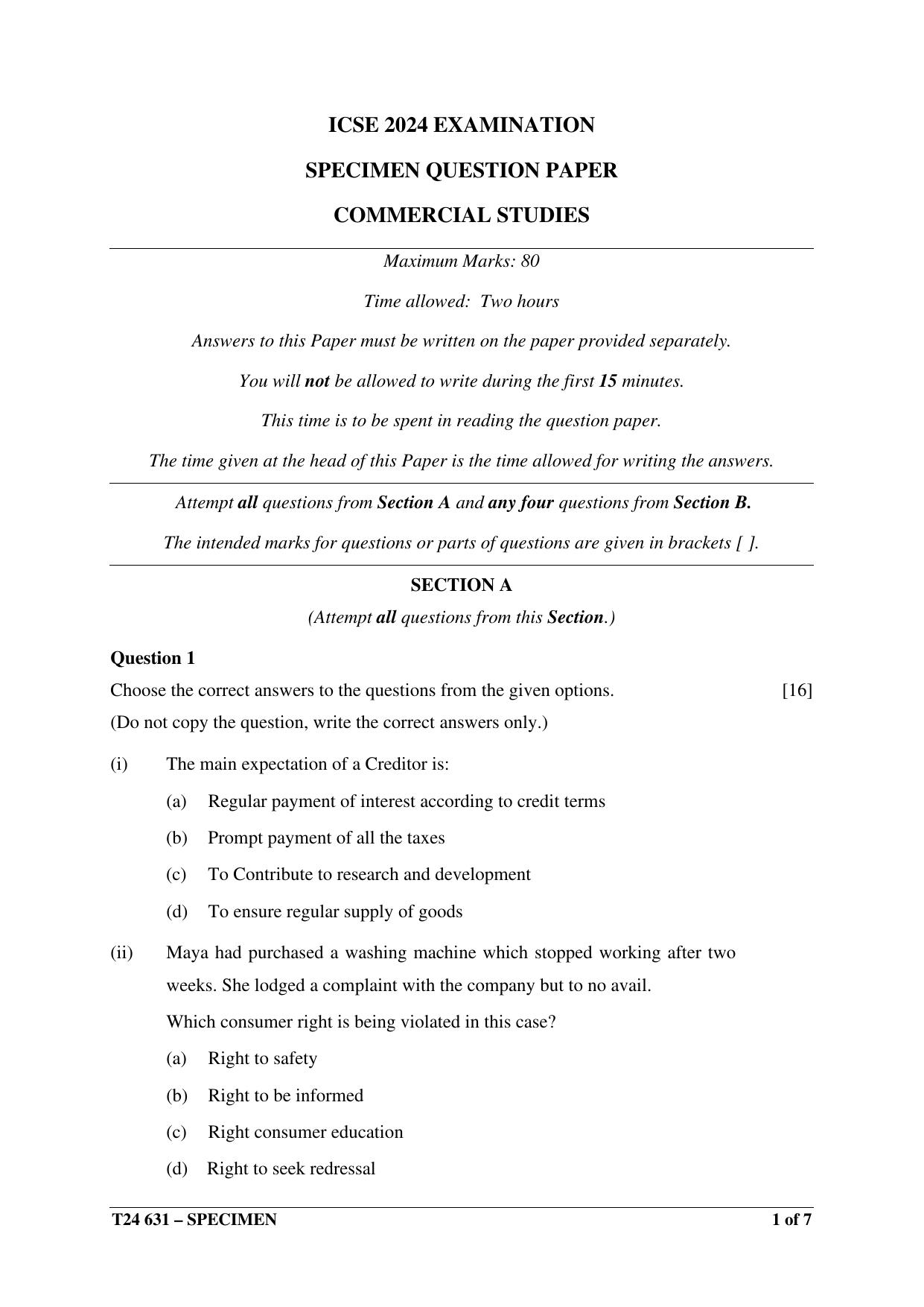 ICSE Class 10  2024 Commercial Studies Sample Paper - Page 1