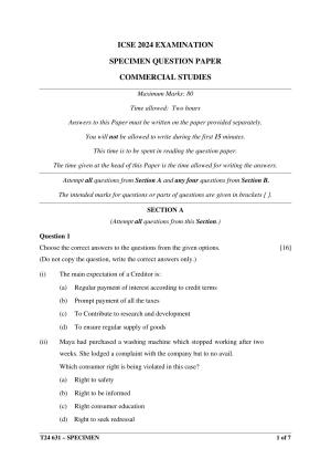 ICSE Class 10  2024 Commercial Studies Sample Paper