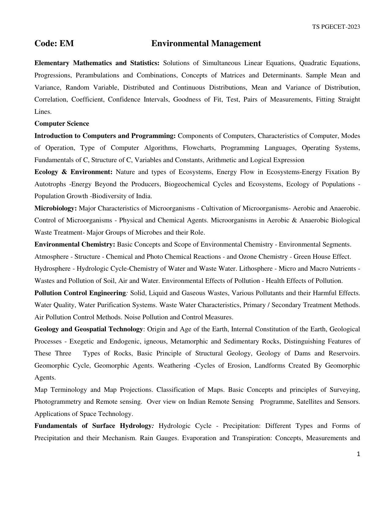 TS PGECET Environmental Management Syllabus - Page 1