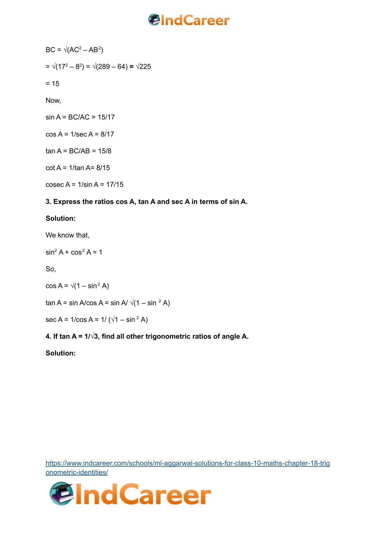 ML Aggarwal Solutions for Class 10 Maths Chapter 18- Trigonometric Identities - Page 4