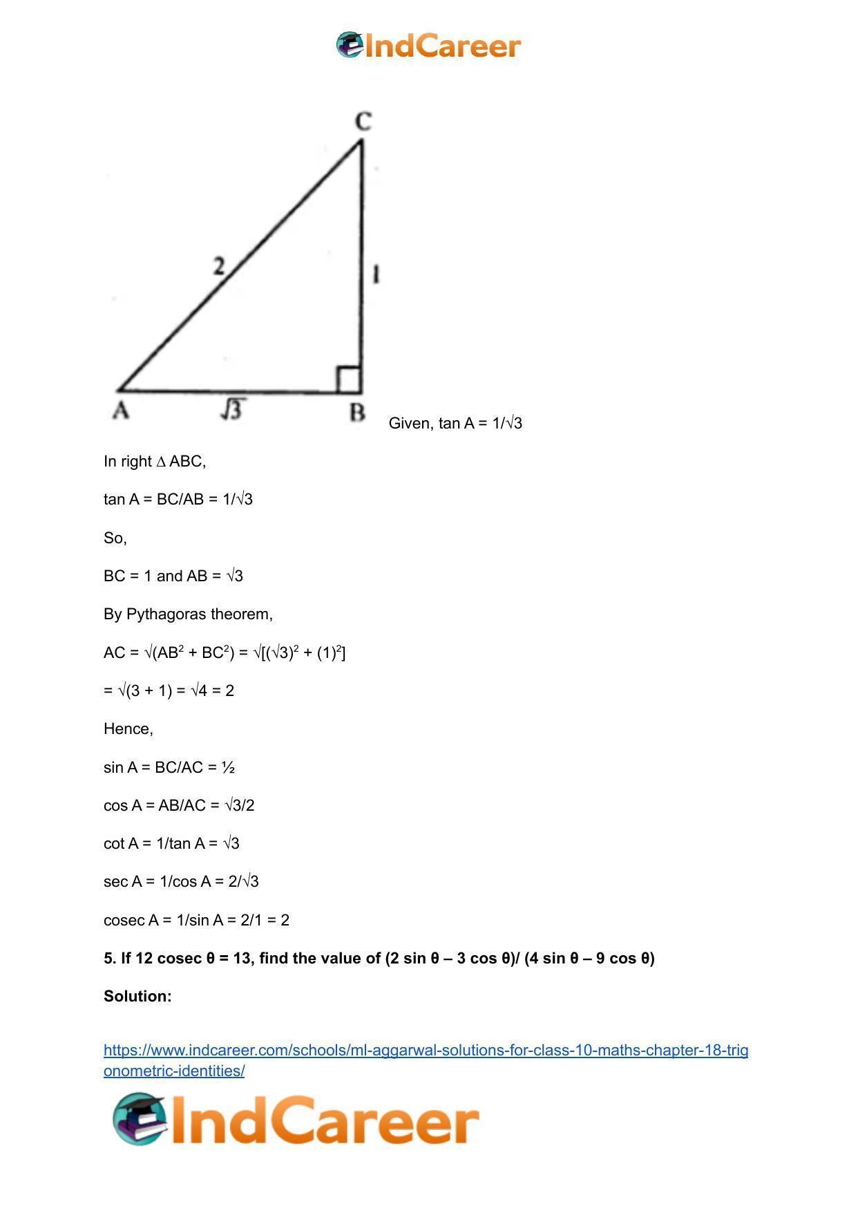 ML Aggarwal Solutions for Class 10 Maths Chapter 18- Trigonometric Identities - Page 5