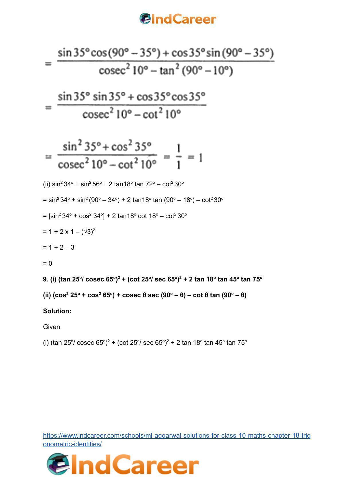 ML Aggarwal Solutions for Class 10 Maths Chapter 18- Trigonometric Identities - Page 9