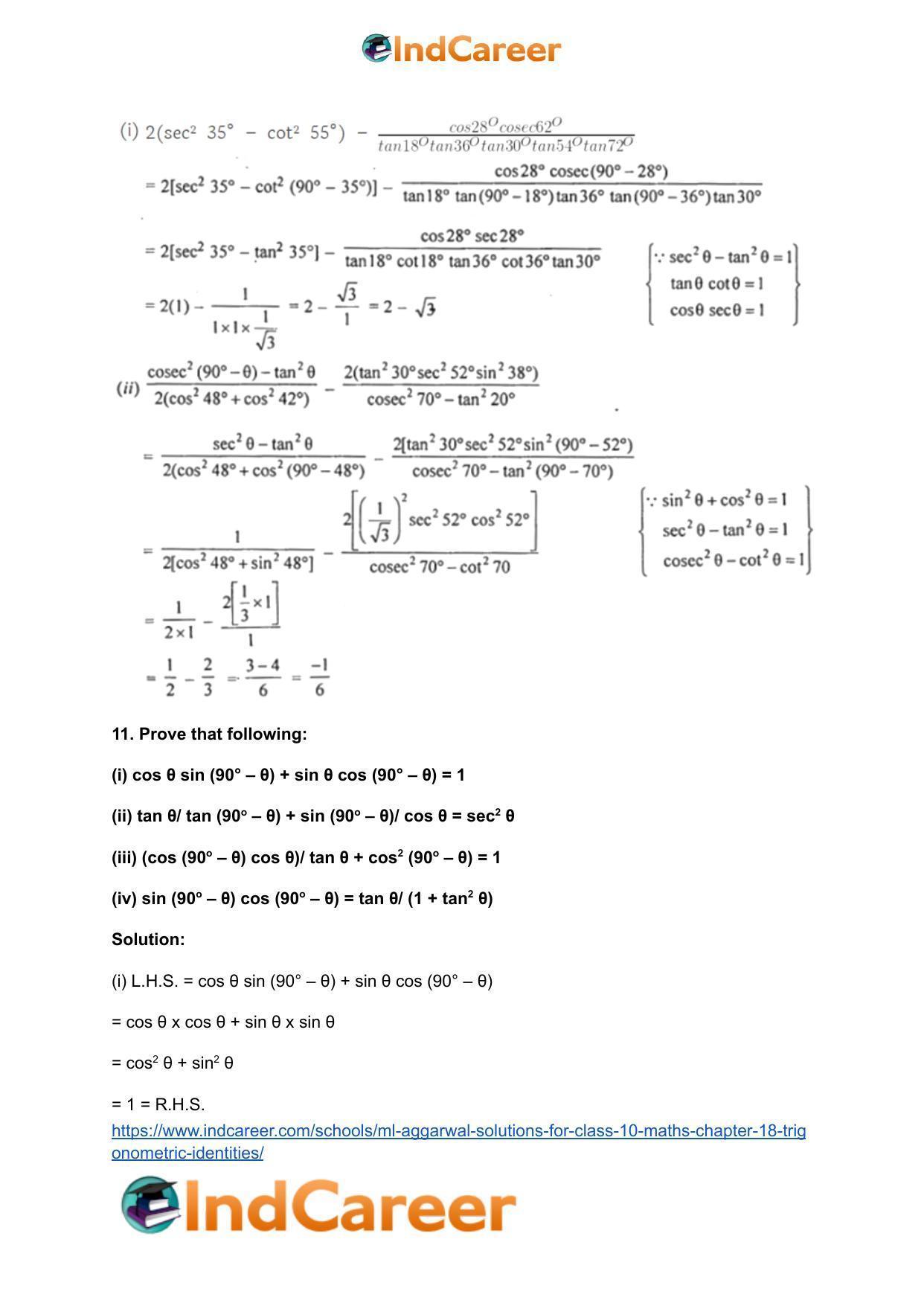 ML Aggarwal Solutions for Class 10 Maths Chapter 18- Trigonometric Identities - Page 11
