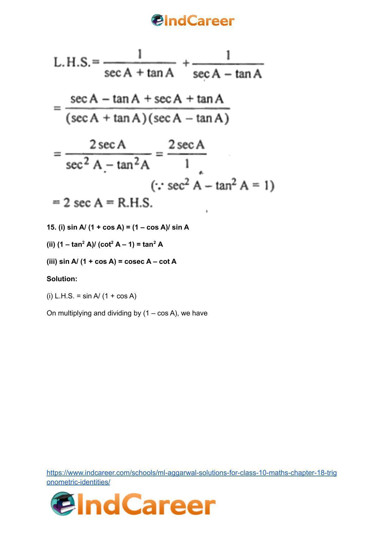 ML Aggarwal Solutions for Class 10 Maths Chapter 18- Trigonometric Identities - Page 16