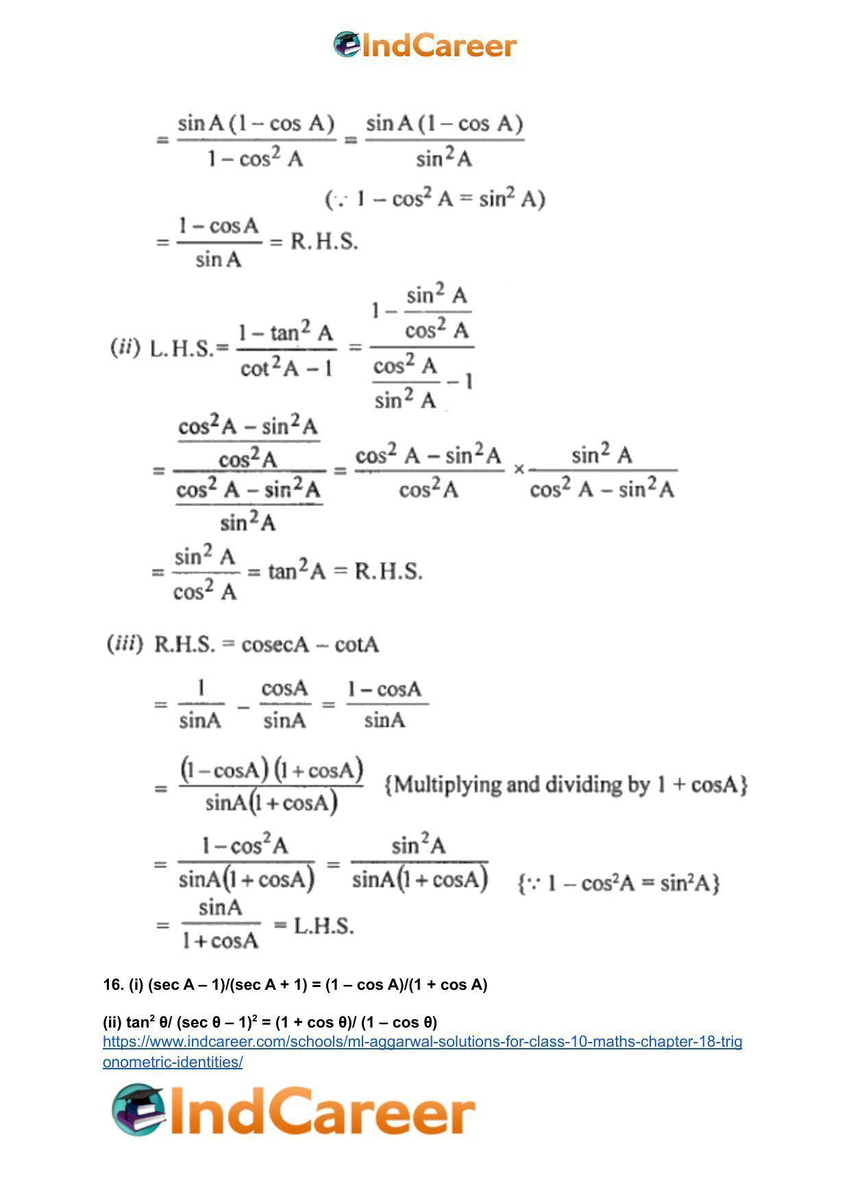 ML Aggarwal Solutions for Class 10 Maths Chapter 18- Trigonometric Identities - Page 17