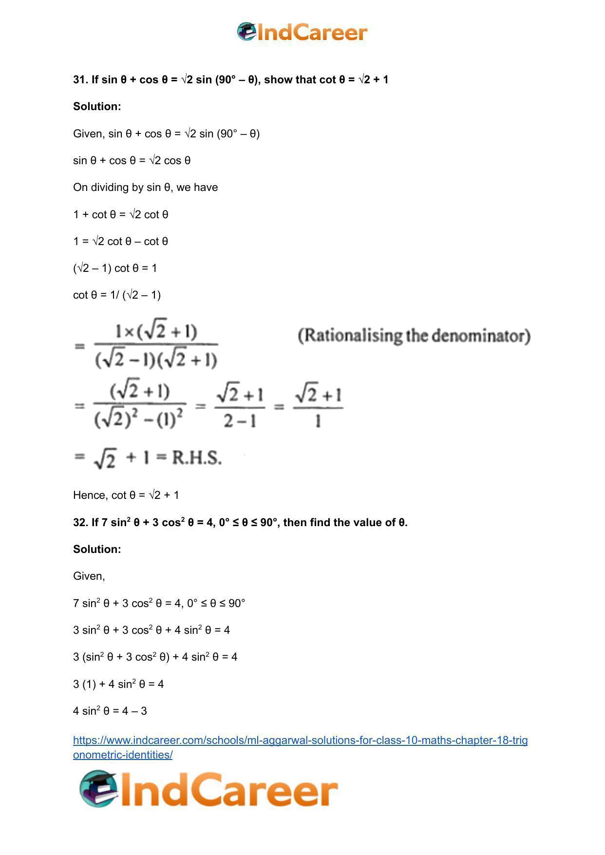 ML Aggarwal Solutions for Class 10 Maths Chapter 18- Trigonometric Identities - Page 47