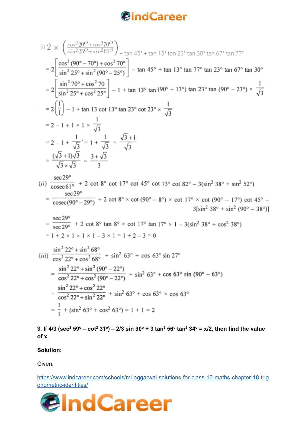 ML Aggarwal Solutions for Class 10 Maths Chapter 18- Trigonometric Identities - Page 52