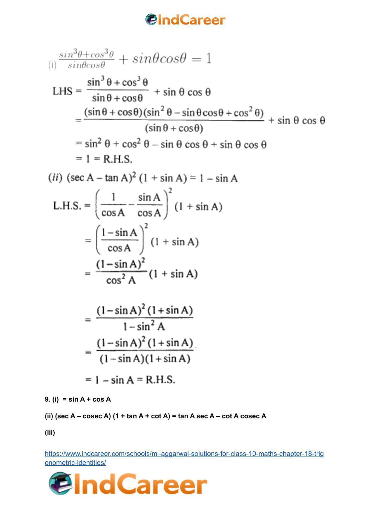 ML Aggarwal Solutions for Class 10 Maths Chapter 18- Trigonometric Identities - Page 67