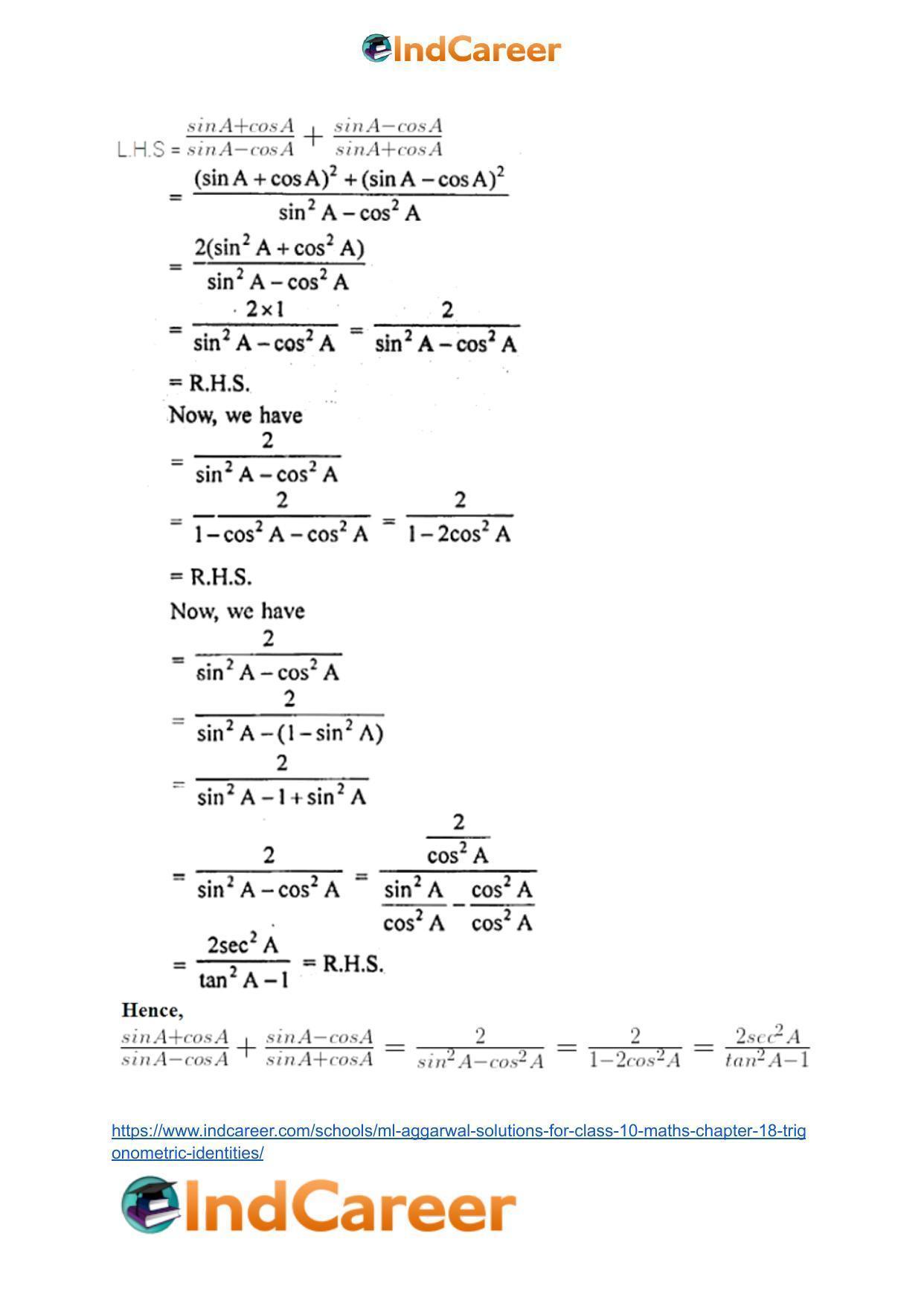 ML Aggarwal Solutions for Class 10 Maths Chapter 18- Trigonometric Identities - Page 72