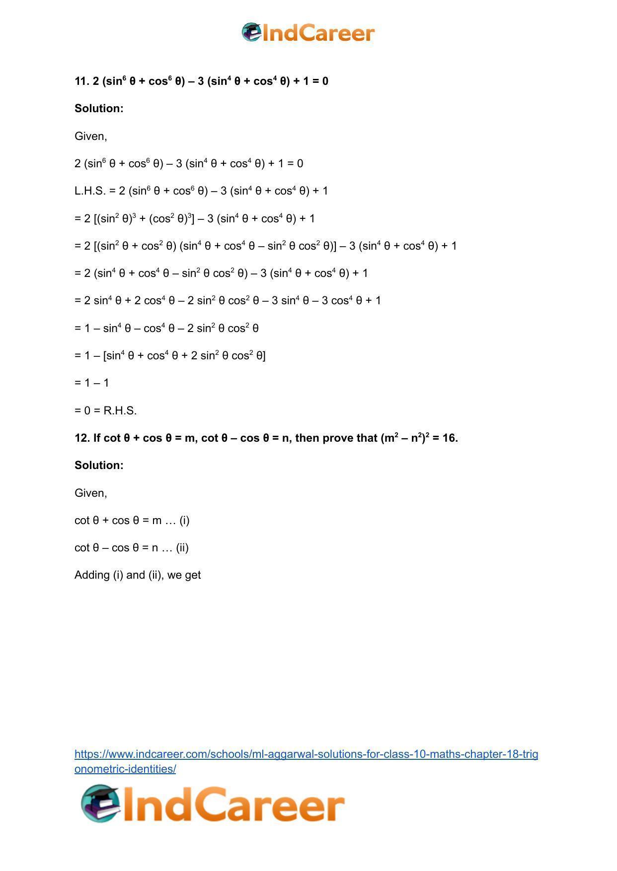 ML Aggarwal Solutions for Class 10 Maths Chapter 18- Trigonometric Identities - Page 73