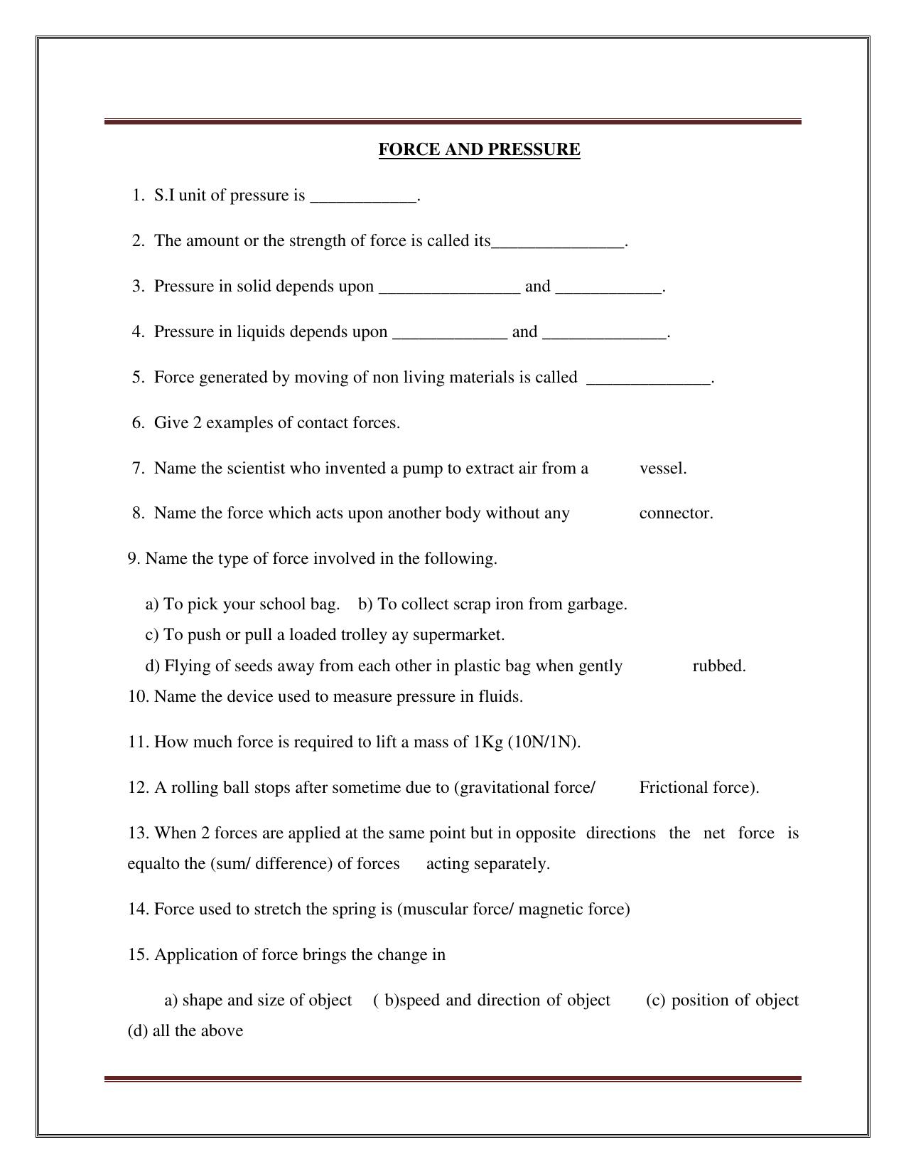CBSE Worksheets for Class 8 Science Force And Pressure Part B Assignment - Page 1