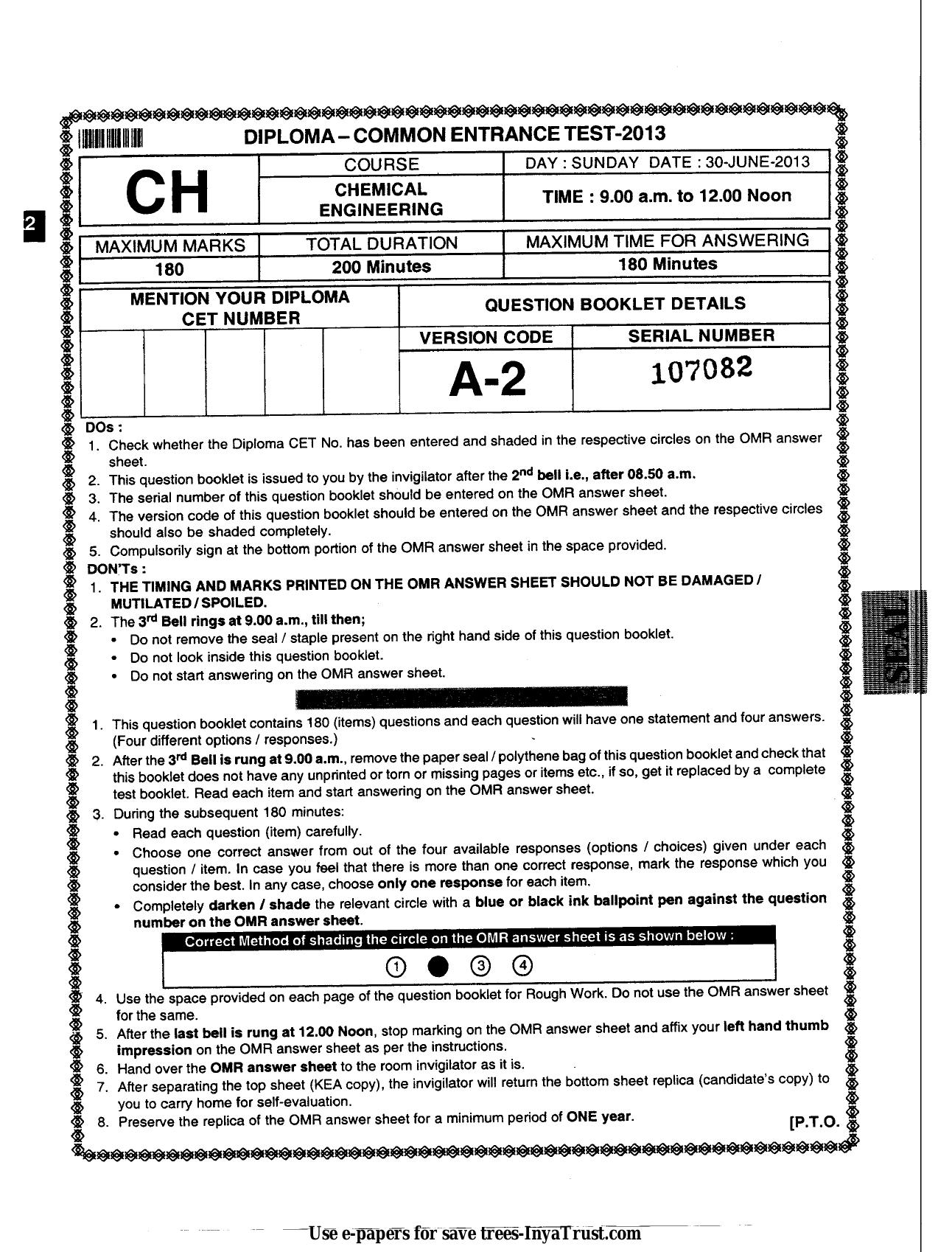 Karnataka Diploma CET- 2013 Chemical Engineering / Polymer Technology Question Paper - Page 1