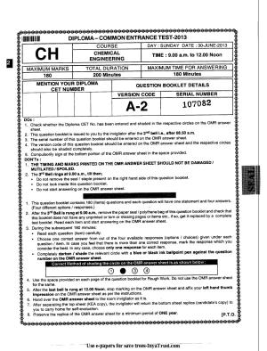 Karnataka Diploma CET- 2013 Chemical Engineering / Polymer Technology Question Paper