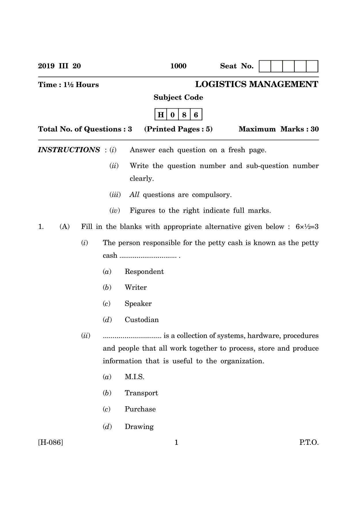 Goa Board Class 12 Logistics Management   (March 2019) Question Paper - Page 1