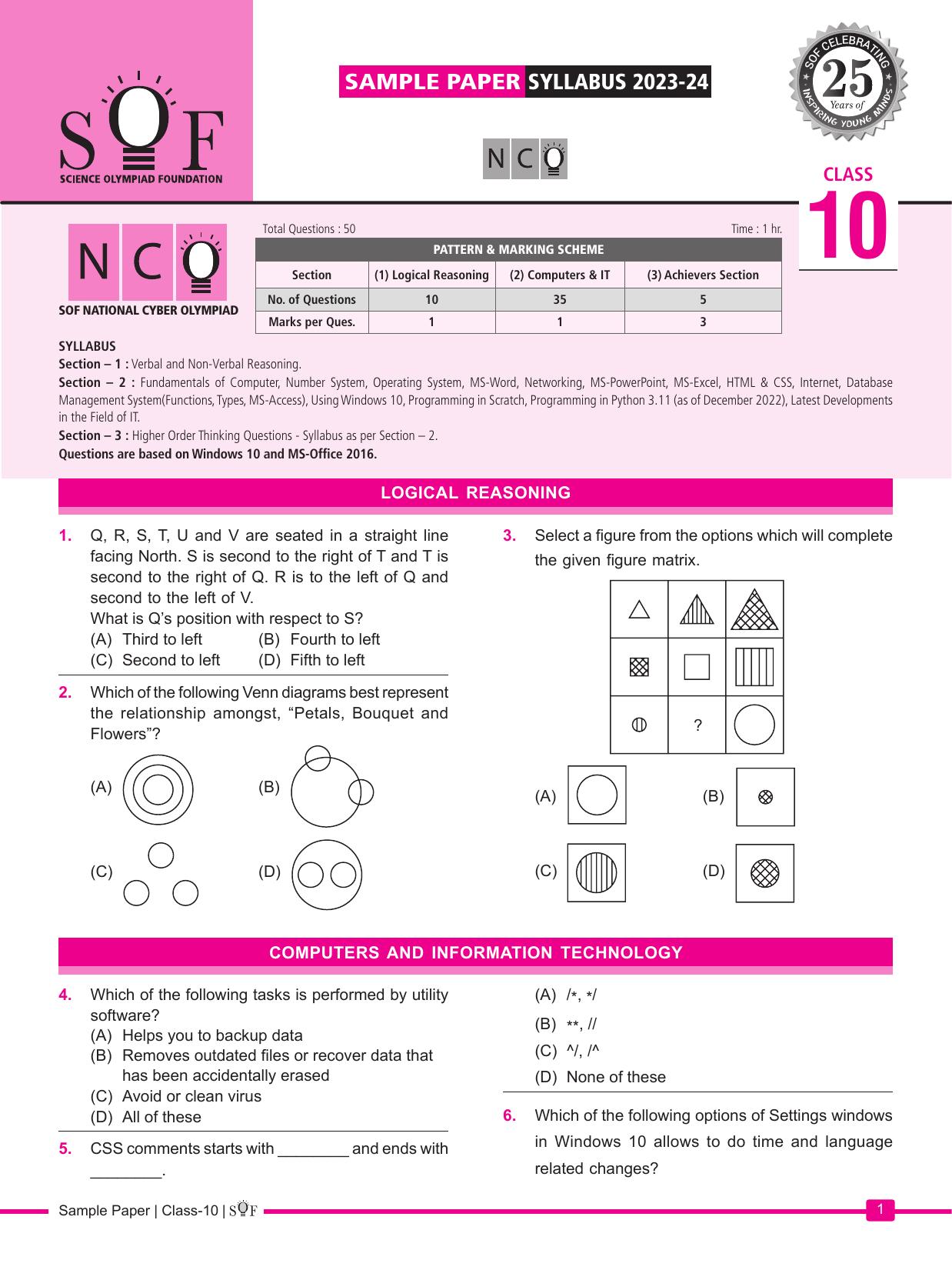 SOF NCO 2024 Class 10 Sample Paper - Page 1