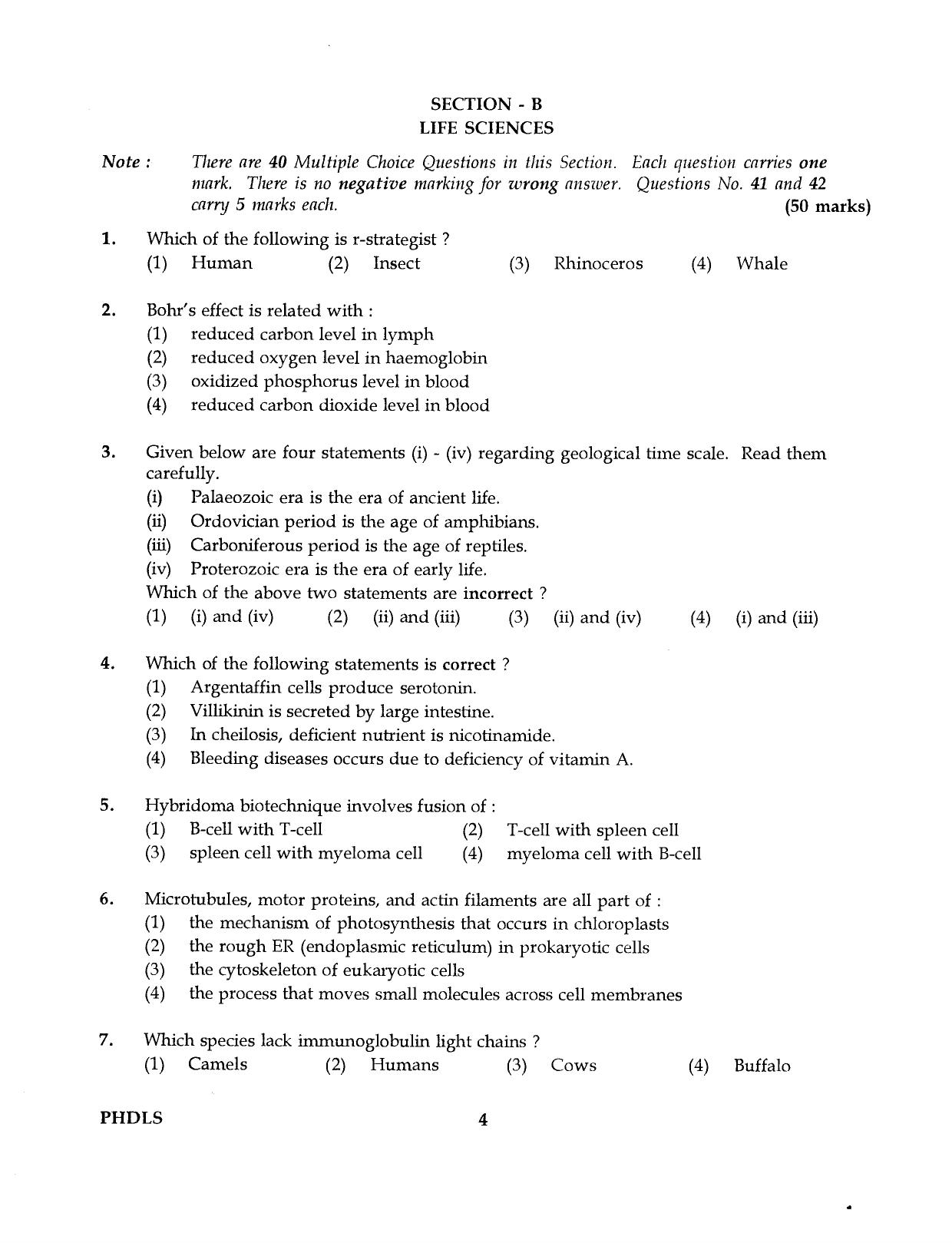 IGNOU PhD Entrance Test Ph.D Life Science 2016 Question Paper - Page 4