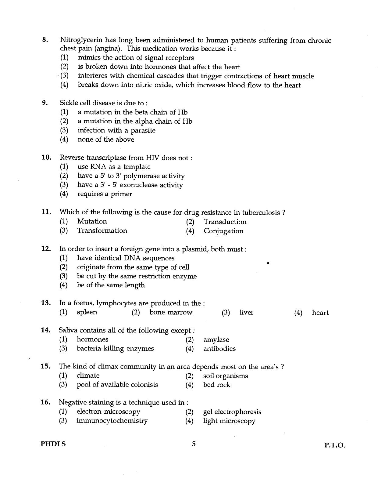 IGNOU PhD Entrance Test Ph.D Life Science 2016 Question Paper - Page 5