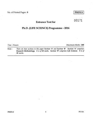 IGNOU PhD Entrance Test Ph.D Life Science 2016 Question Paper