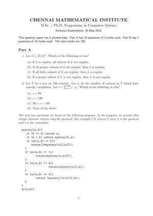 CMI Entrance Exam 2012 Question Paper MSc/PhD Computer Science