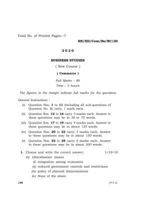Meghalaya Board (MBOSE) Class 12 BUSINESS STUDIES ( New Course ) 2020 Question Paper