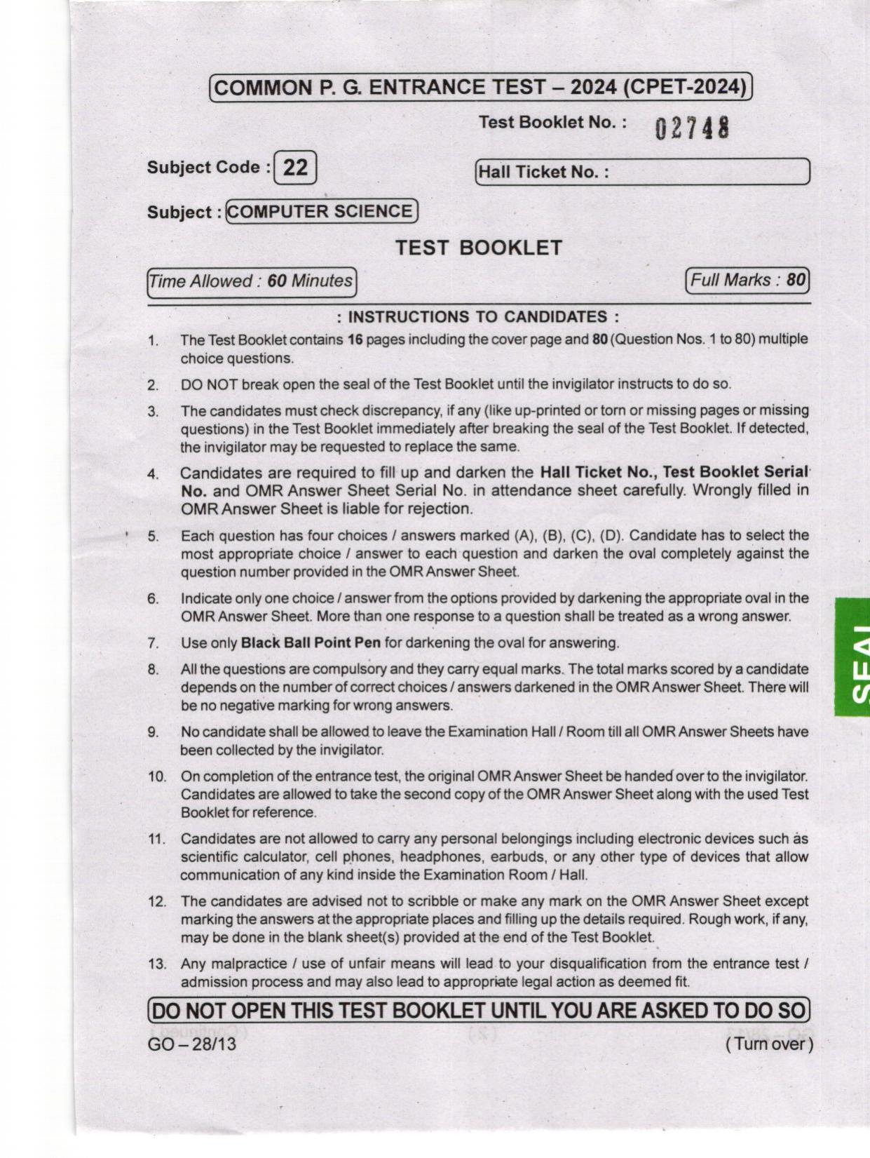 Odisha CPET 2024 COMPUTER SCIENCE Question Paper - Page 1