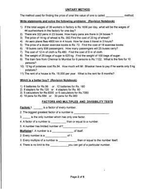 Worksheet for Class 5 Maths Unitary Worksheets Assignment