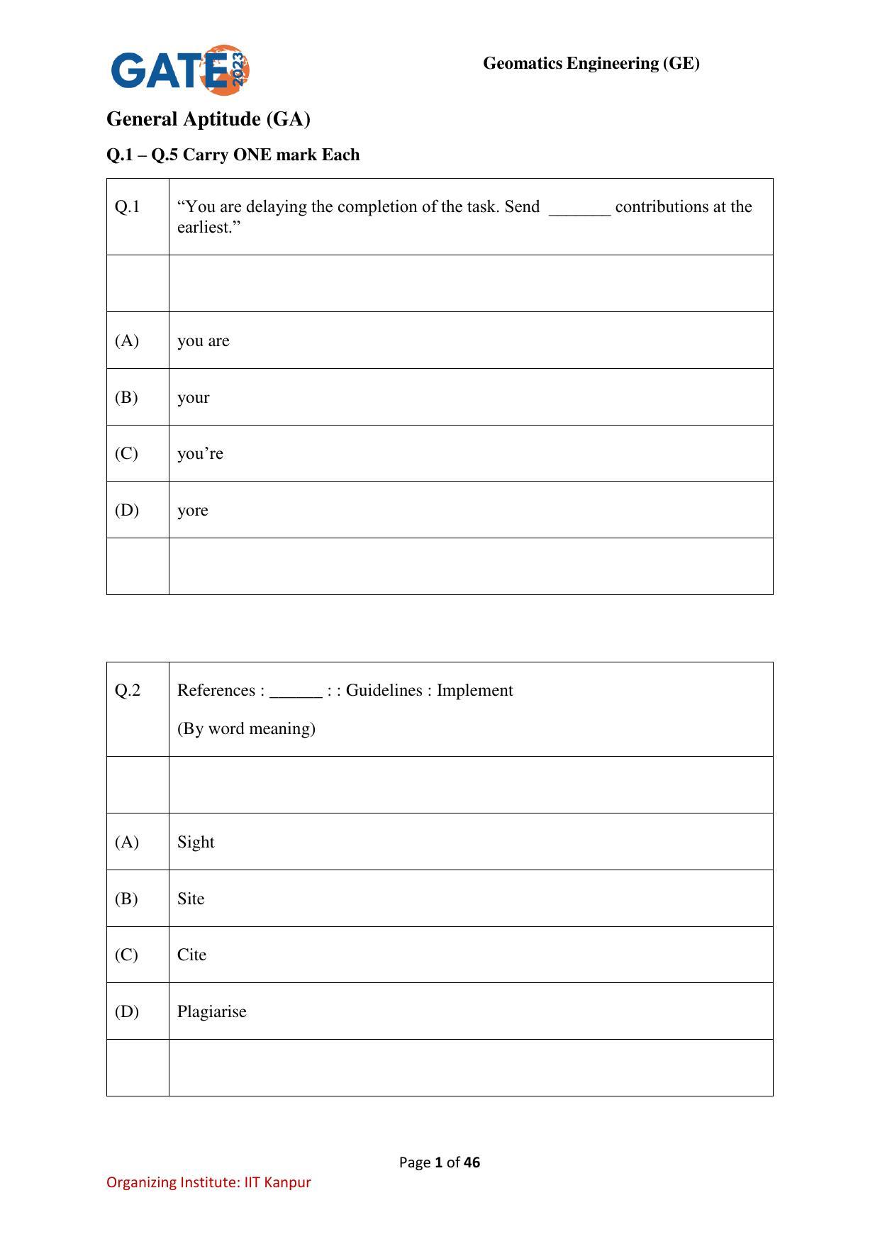 GATE 2023 Geomatics Engineering (GE) Question Paper - Page 1