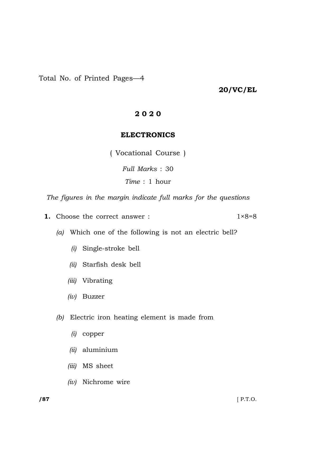 Meghalaya Board (MBOSE) Class 10 ELECTRONICS ( Vocational Course ) 2020 Question Paper - Page 1