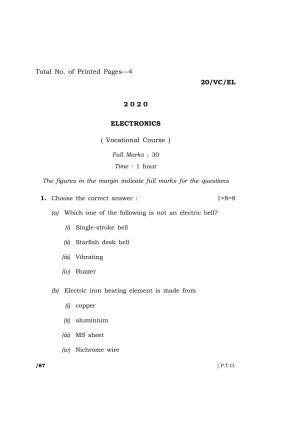 Meghalaya Board (MBOSE) Class 10 ELECTRONICS ( Vocational Course ) 2020 Question Paper