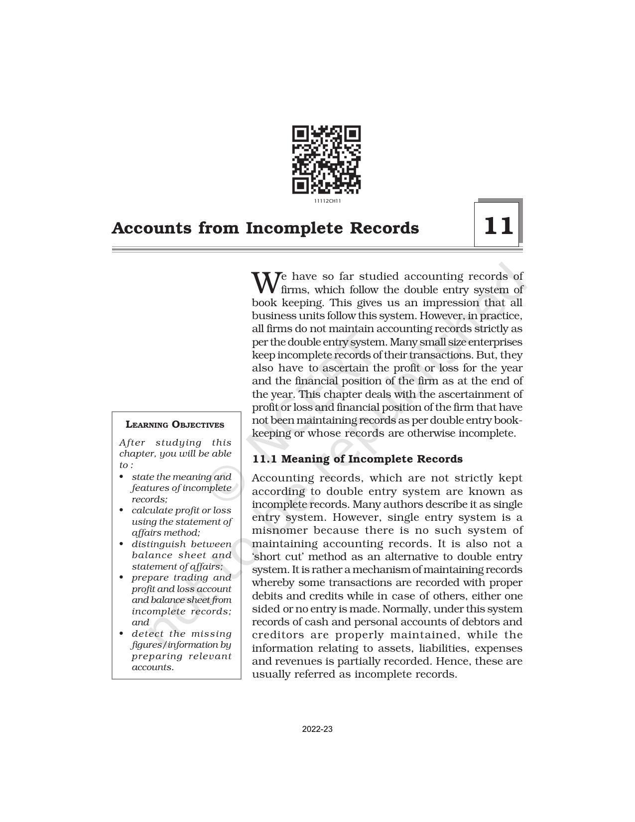 NCERT Book for Class 11 Accountancy (Part-II) Chapter 11 Accounts from Incomplete Records - Page 1