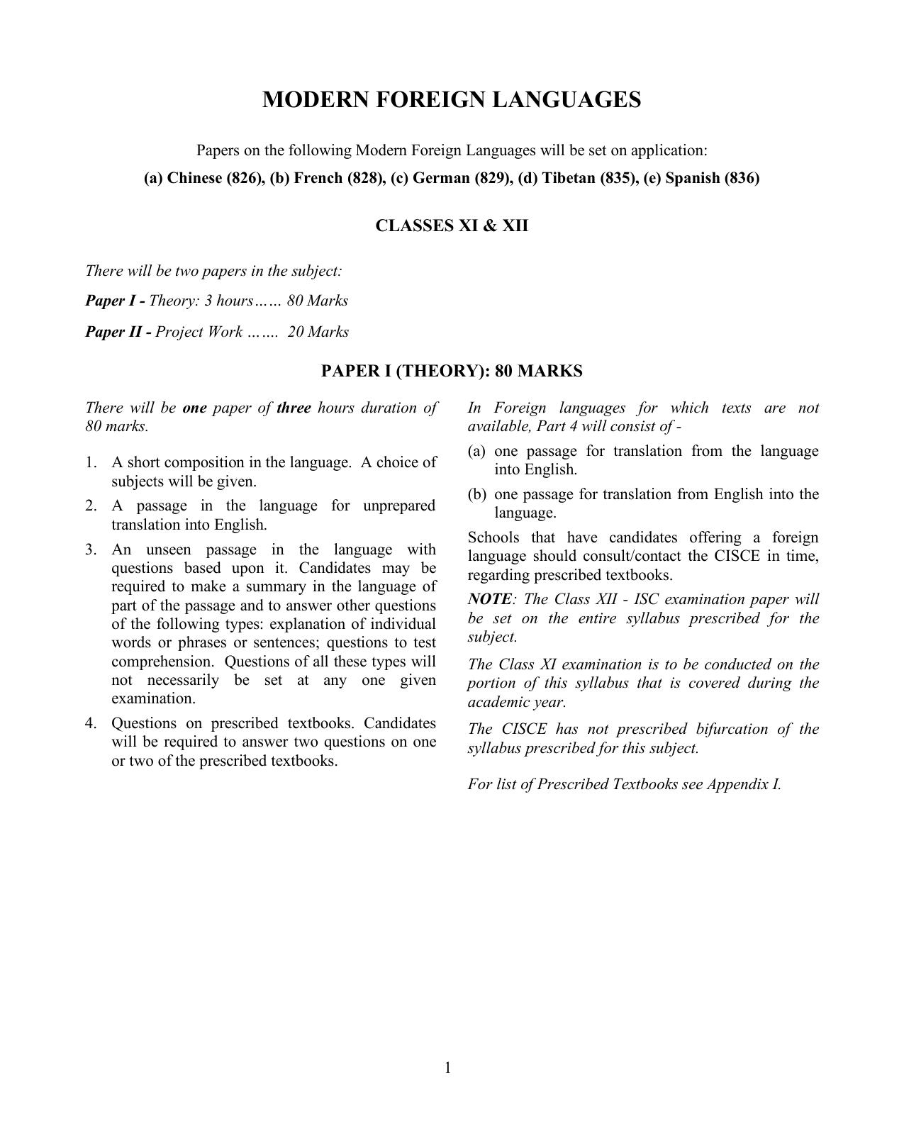 ISC Class XI & XII Modern Foreign Languages 2025 Syllabus - Page 1