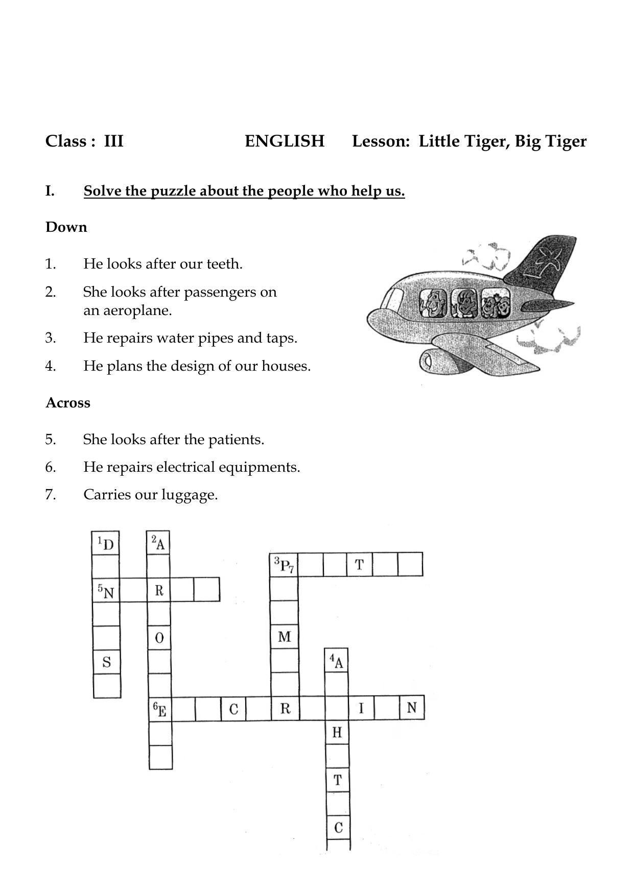 Worksheet for Class 3 English Little Tiger. Big Tiger Assignment - Page 1
