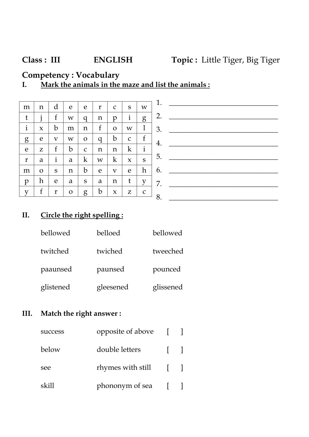Worksheet for Class 3 English Little Tiger. Big Tiger Assignment - Page 2