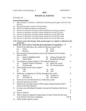 Nagaland Board Class 12 Political Science 2022 Question Paper