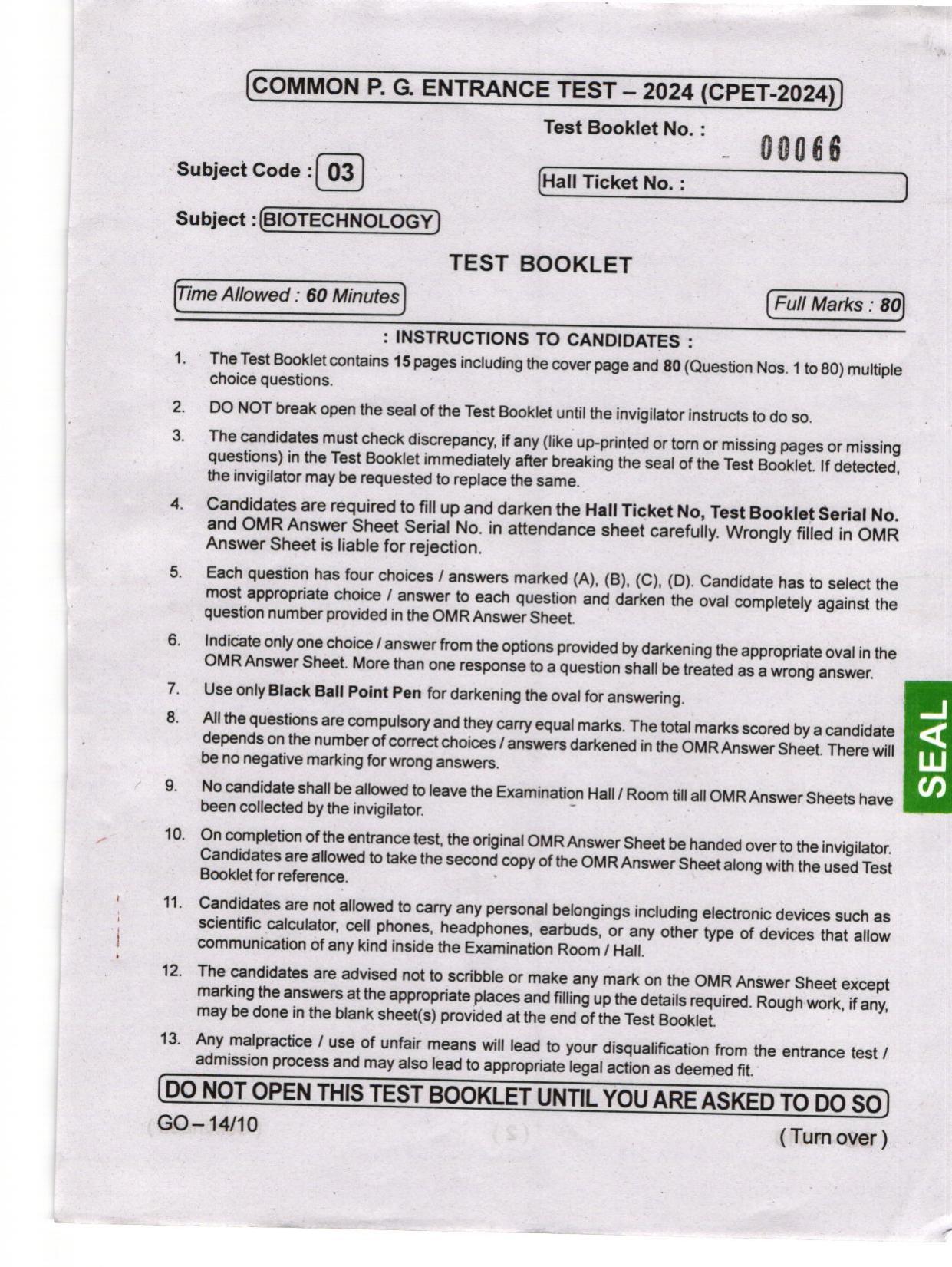 Odisha CPET 2024 BIOTECHNOLOGY Question Paper - Page 1