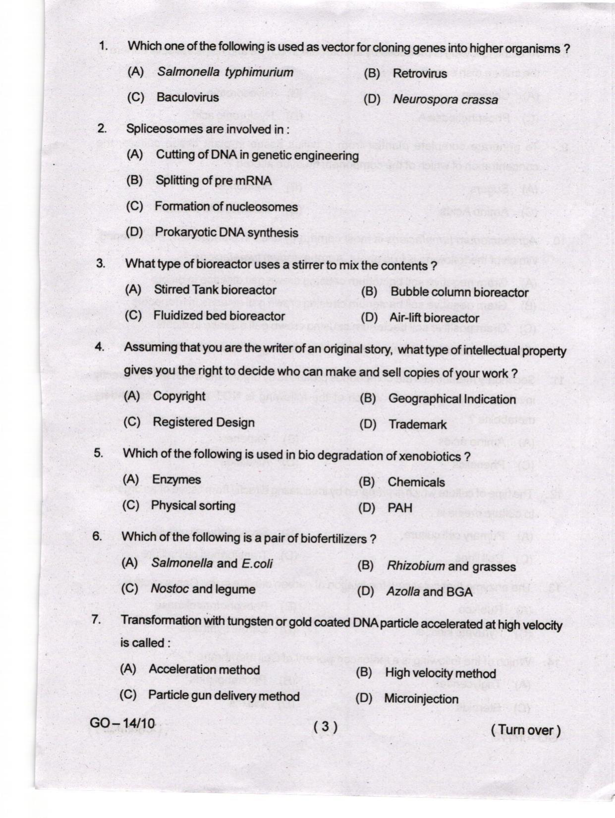 Odisha CPET 2024 BIOTECHNOLOGY Question Paper - Page 3