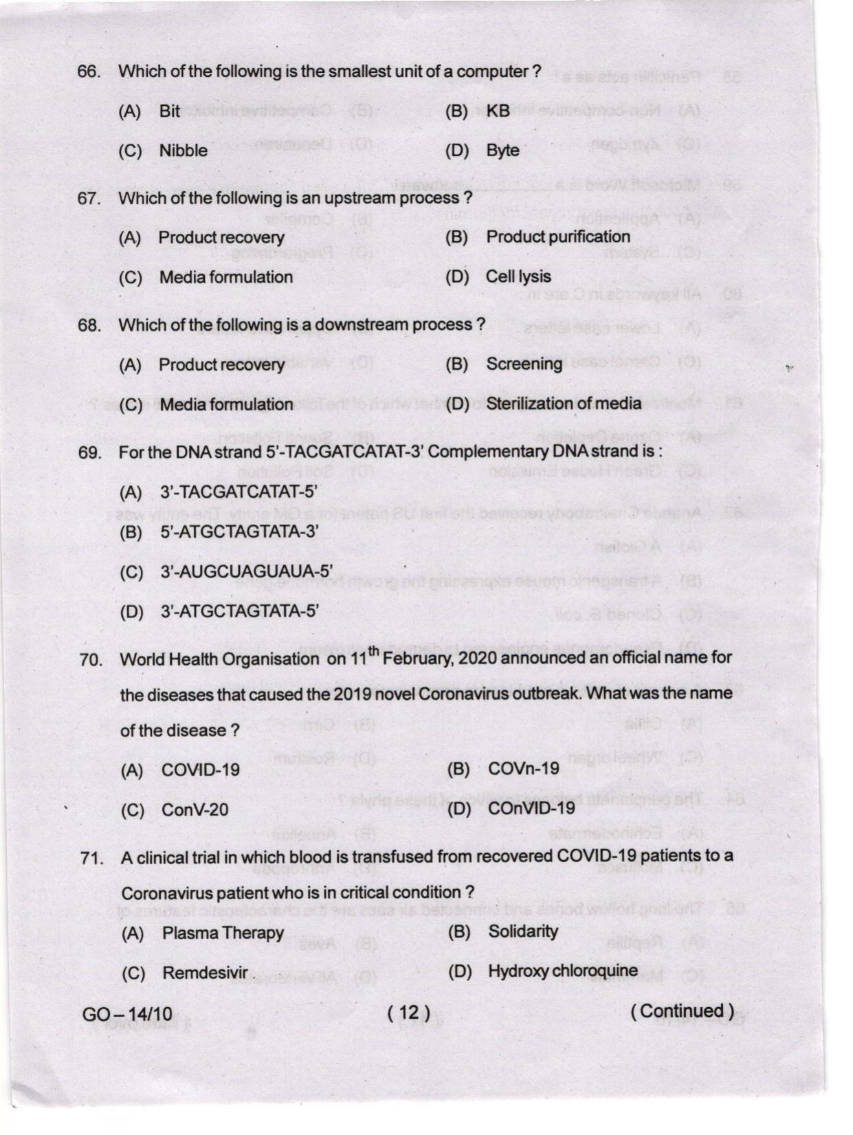 Odisha CPET 2024 BIOTECHNOLOGY Question Paper - Page 12