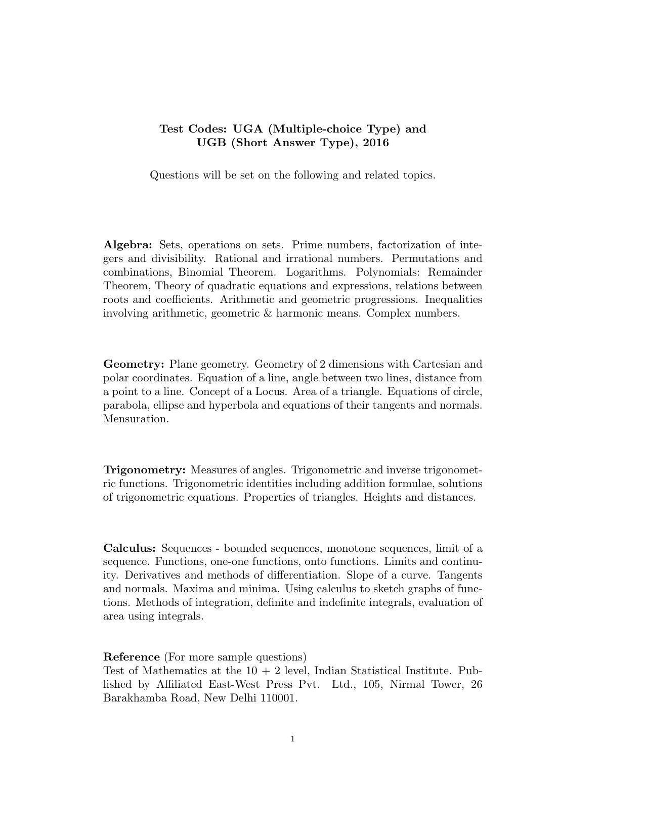 ISI Admission Test B.Math UGA 2016 Sample Paper - Page 1