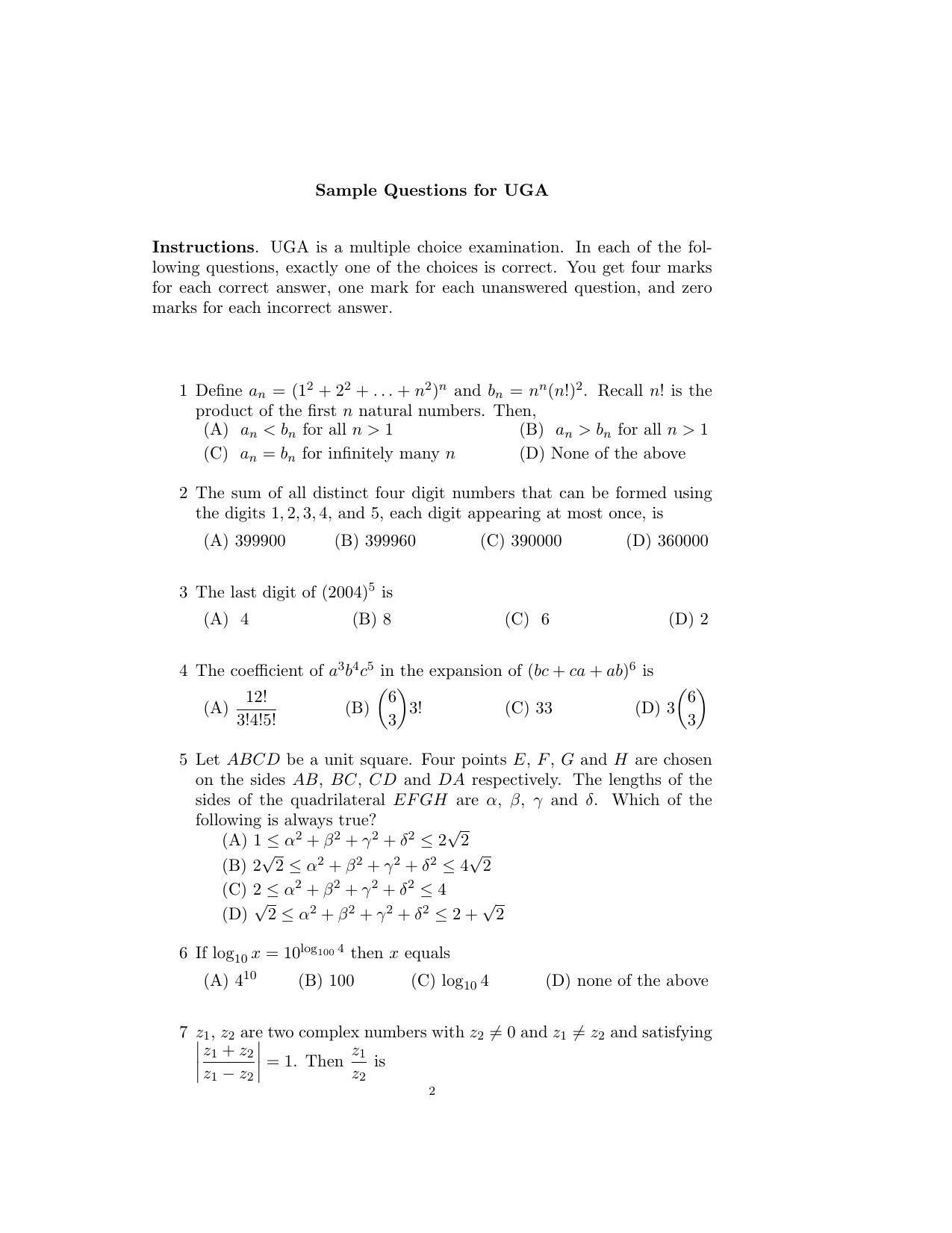 ISI Admission Test B.Math UGA 2016 Sample Paper - Page 2