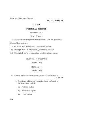Meghalaya Board (MBOSE) Class 12 POLITICAL SCIENCE 2019 Question Paper