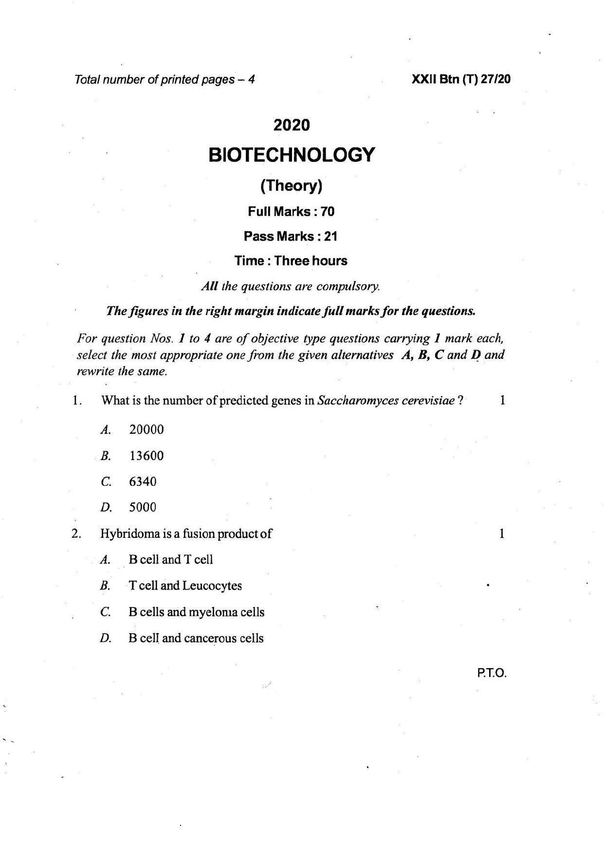 COHSEM Class 12 Biotechnology Question Papers 2020 - Page 1