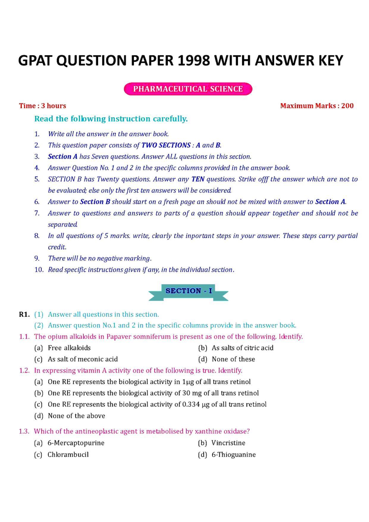 GPAT 1998 Question Paper with Answer Key - Page 1