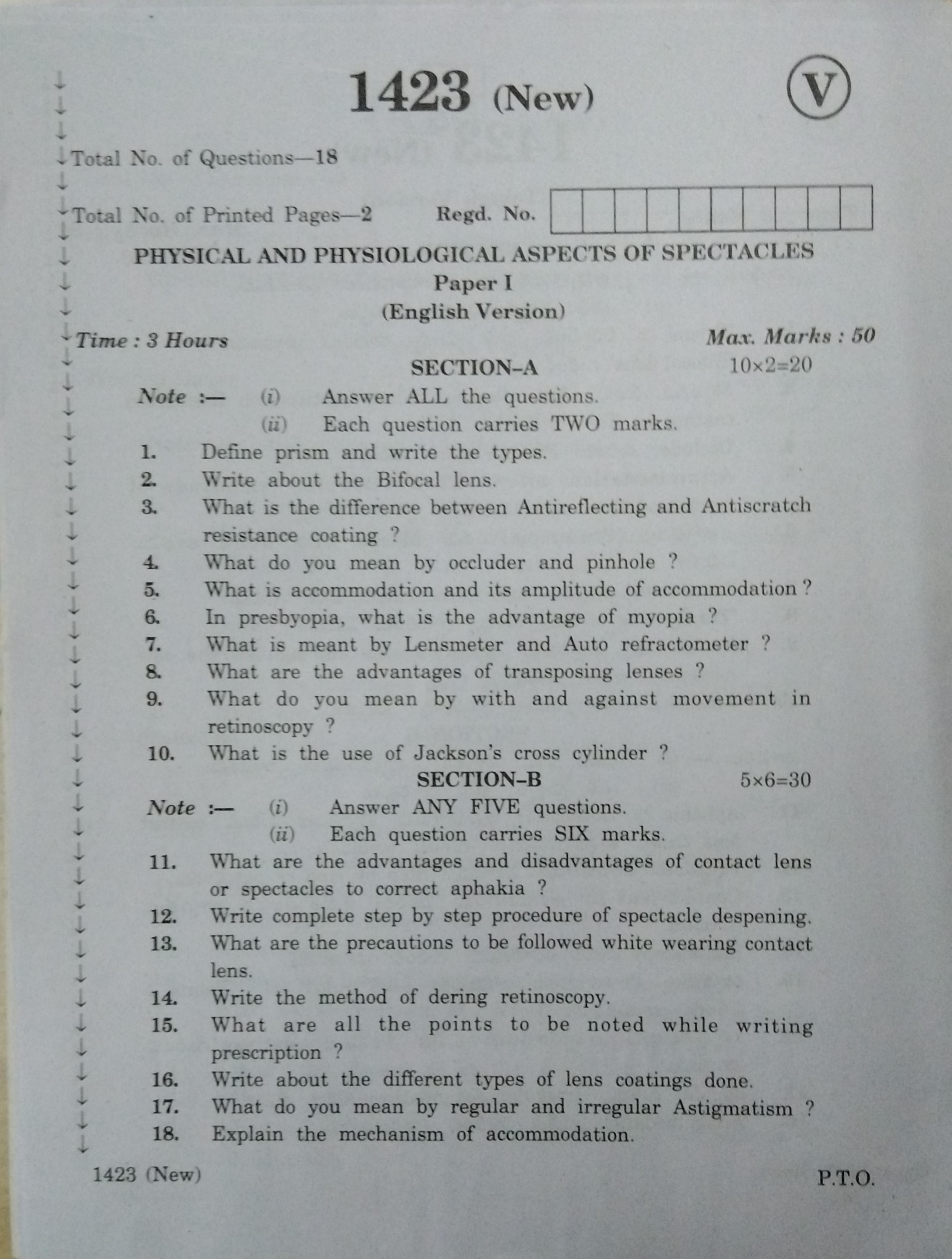 AP Inter 1st Year Physical Physiological aspects of Spectacles-I March-2020-Vocational Question Paper - Page 1