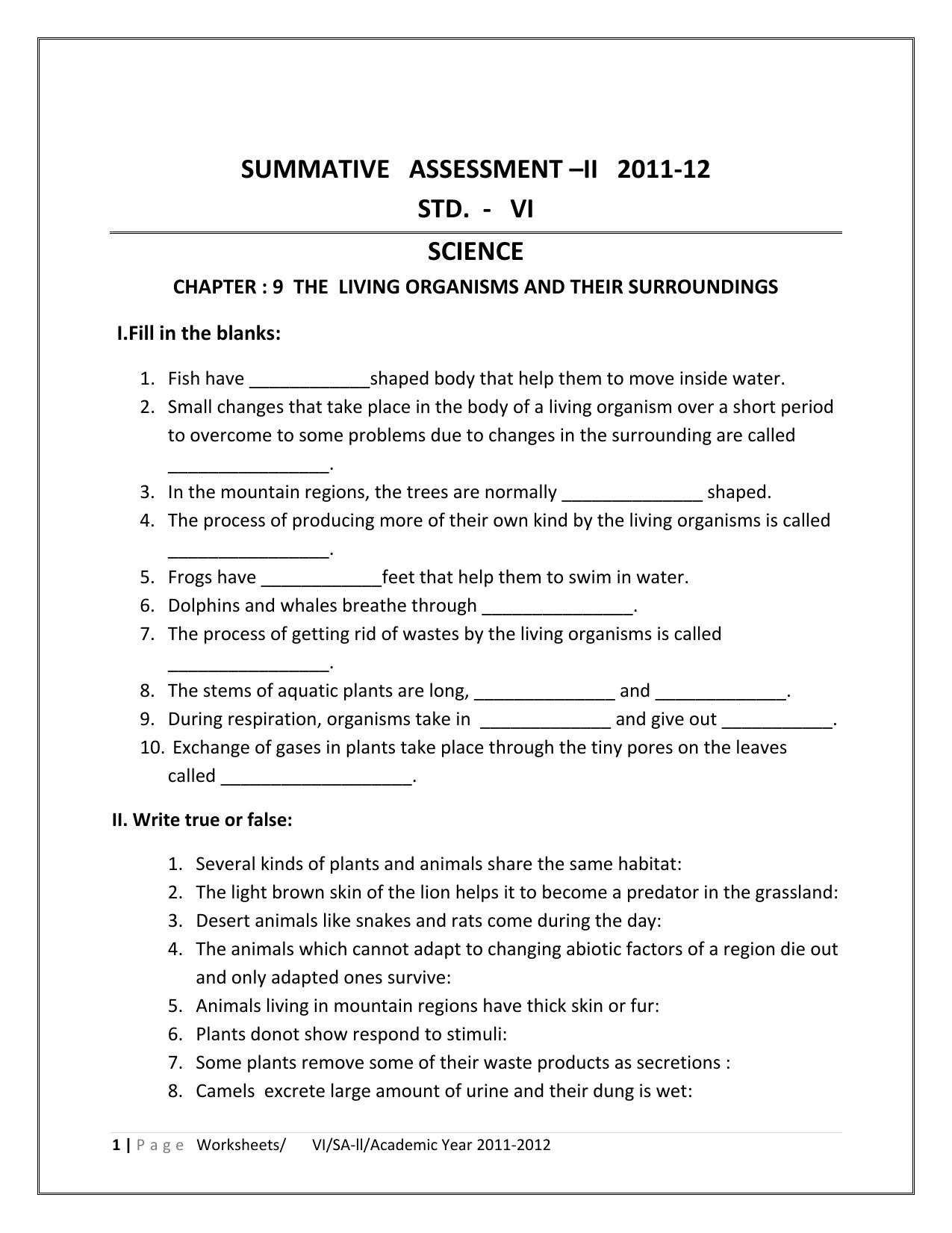 CBSE Worksheets for Class 6 Science Living Organisms and Sorroundings Assignment - Page 1